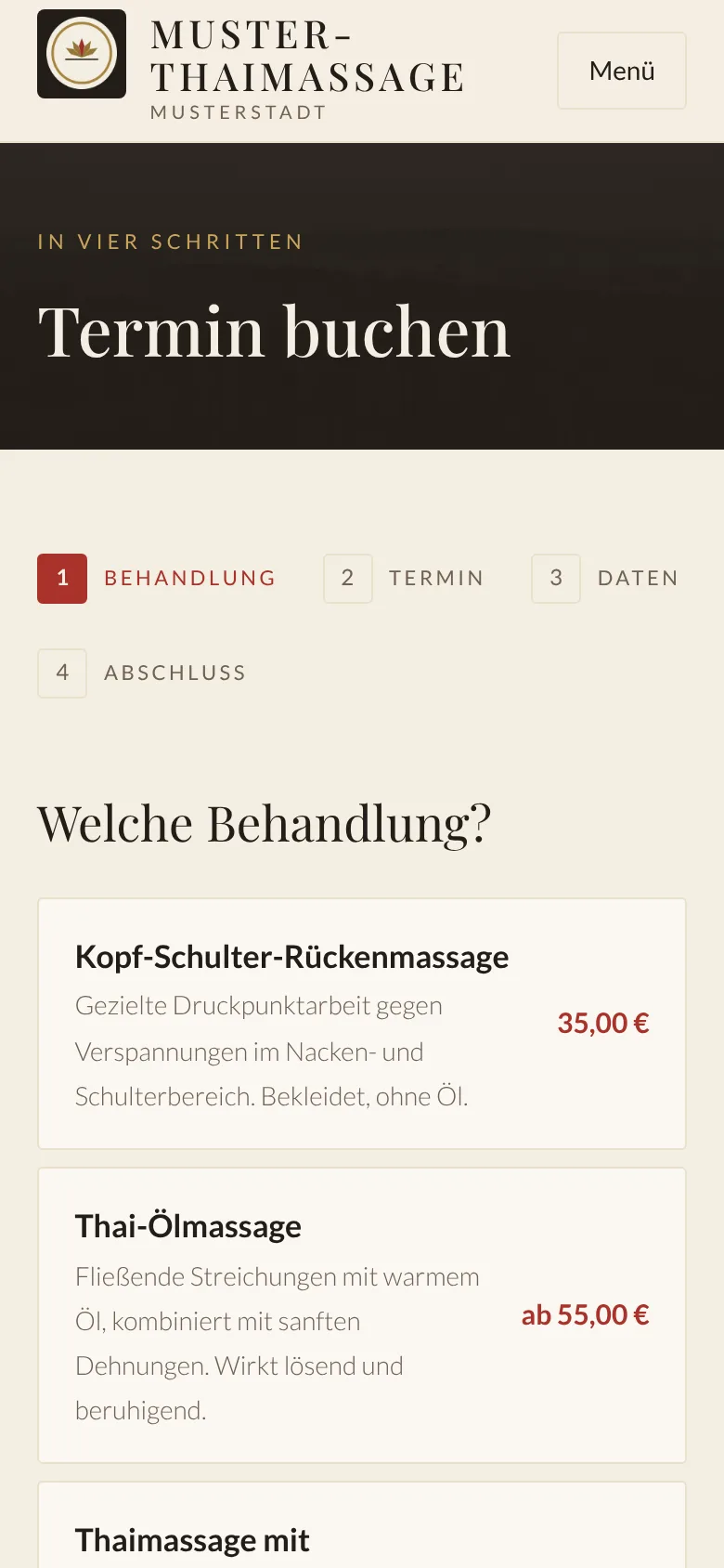 Buchungsseite eines Beispielsalons auf dem Handy: Schritt 1, Auswahl der Behandlung mit Preis